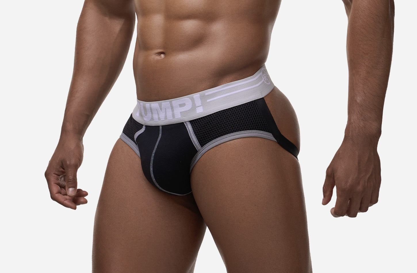 Three-quarter front view of the black PUMP! Courtside Full Front Jockstrap