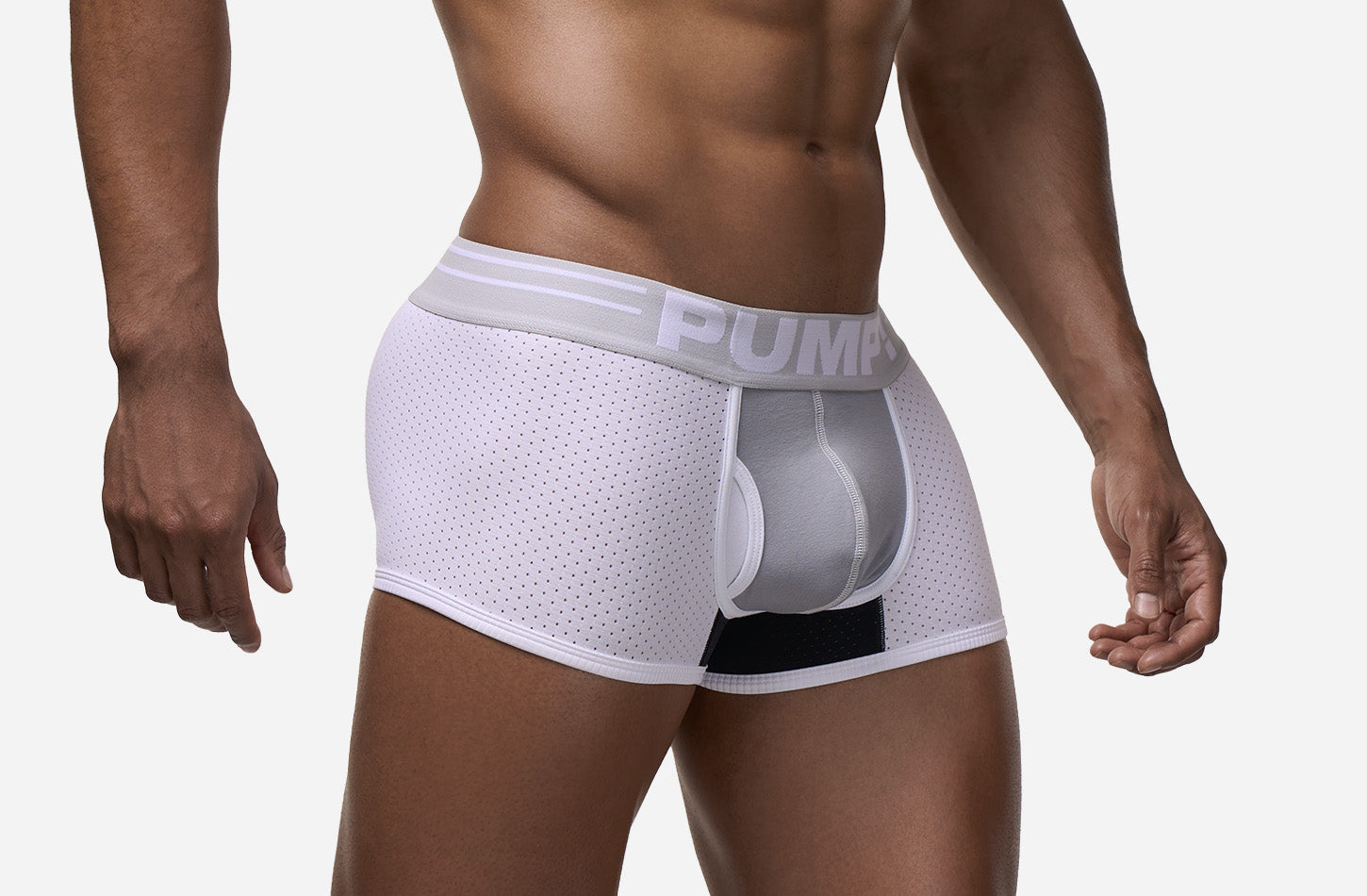 PUMP! Deuce Boxer in white micromesh with white piping, three-quarter front view