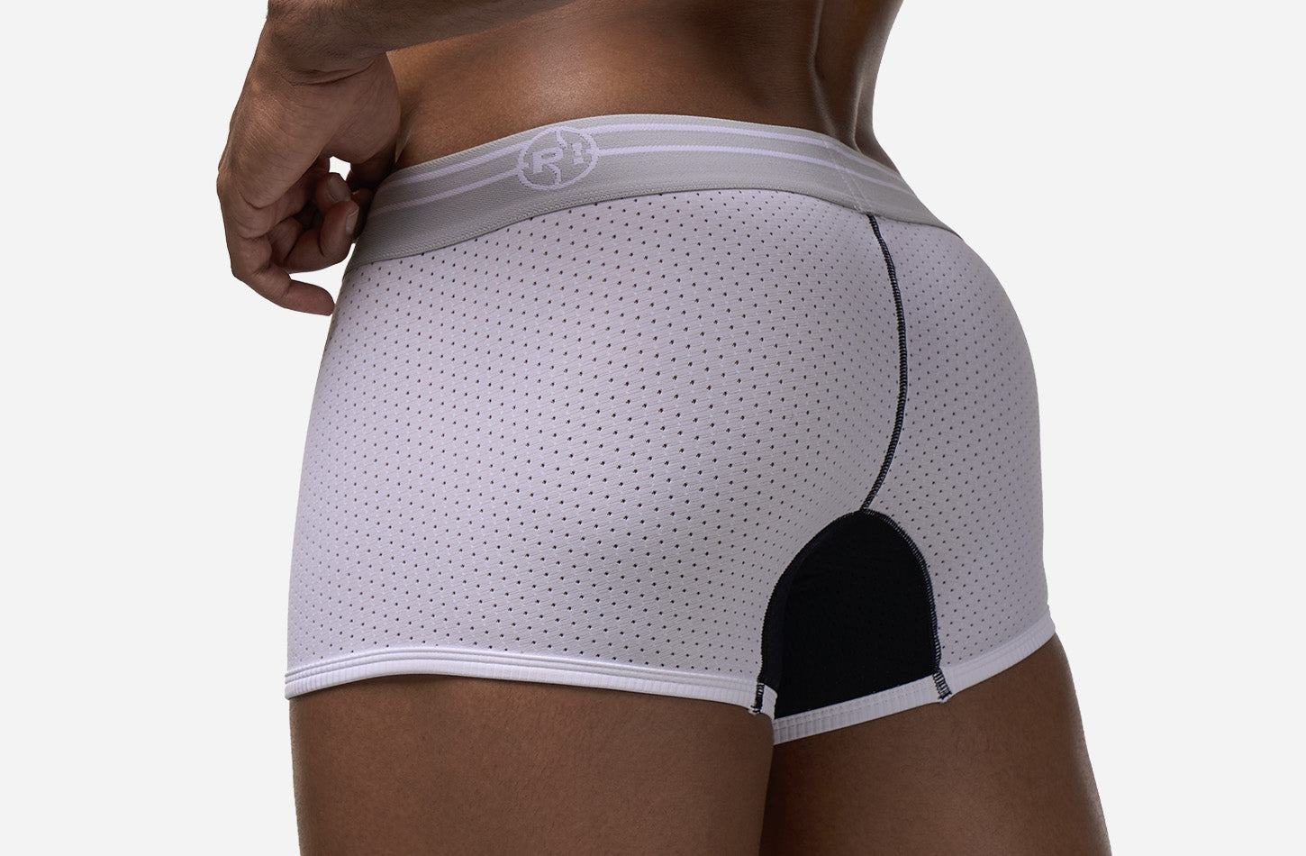 Rear view of the white PUMP! Match Point Deuce Boxer with tennis ball logo detail