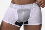 Close-up of the PUMP! Deuce Boxer grey PUMP! logo waistband and cotton pouch
