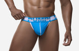 Blue PUMP! Match Point Grand Slam Thong worn by a male model, front view