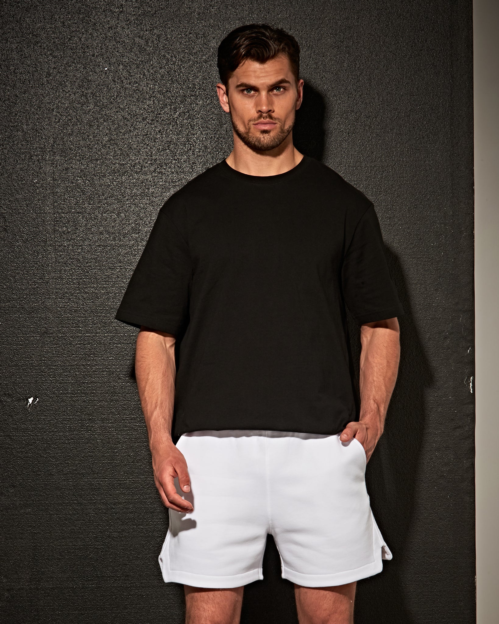 MR STRIKE - WHITE ORGANIC FLEECE GYM SHORTS - BANG & STRIKE